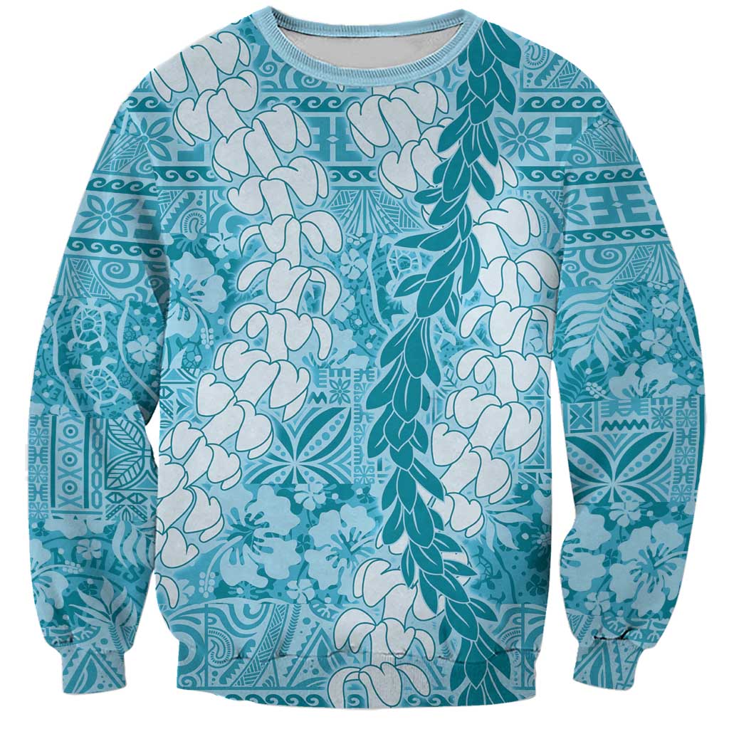 Blue Puakenikeni and Maile Lei Sweatshirt Hawaiian Style Tribal Tapa Double Strand Lei