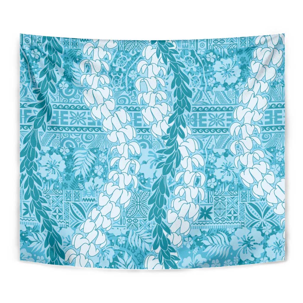 Blue Puakenikeni and Maile Lei Tapestry Hawaiian Style Tribal Tapa Double Strand Lei