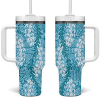 Blue Puakenikeni and Maile Lei Tumbler With Handle Hawaiian Style Tribal Tapa Double Strand Lei