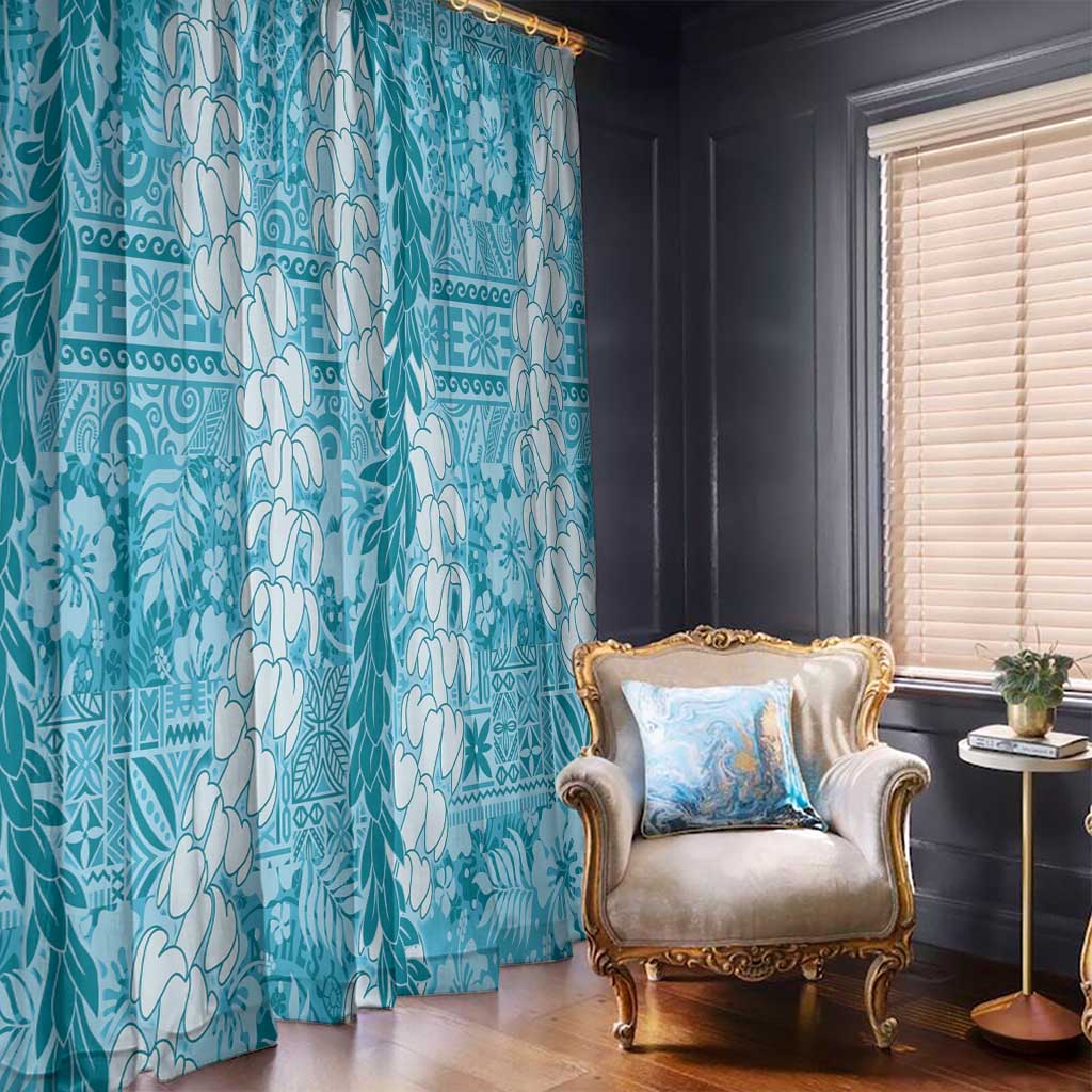 Blue Puakenikeni and Maile Lei Window Curtain Hawaiian Style Tribal Tapa Double Strand Lei