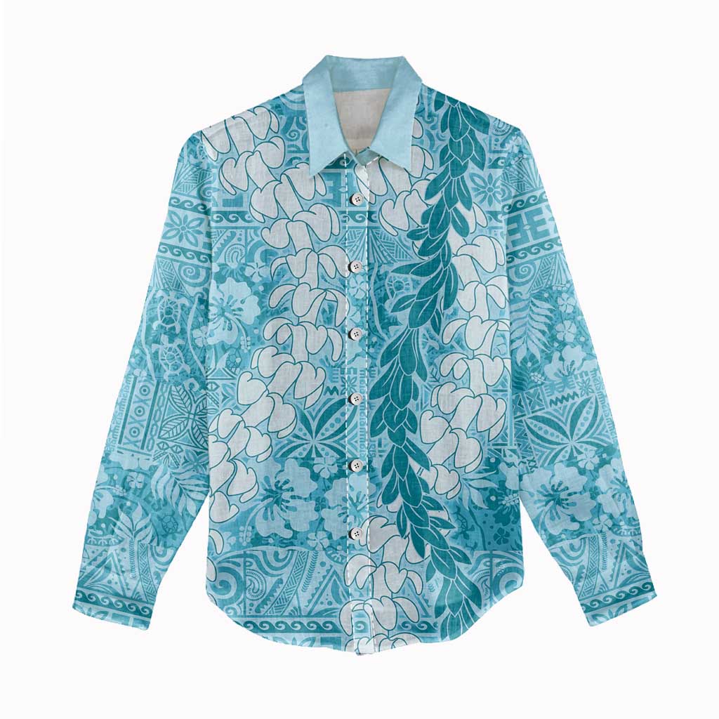 Blue Puakenikeni and Maile Lei Women Casual Shirt Hawaiian Style Tribal Tapa Double Strand Lei