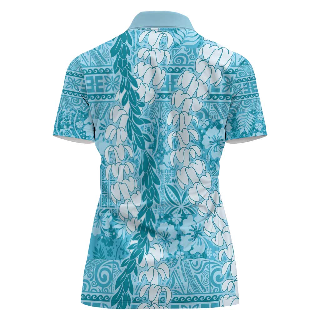 Blue Puakenikeni and Maile Lei Women Polo Shirt Hawaiian Style Tribal Tapa Double Strand Lei