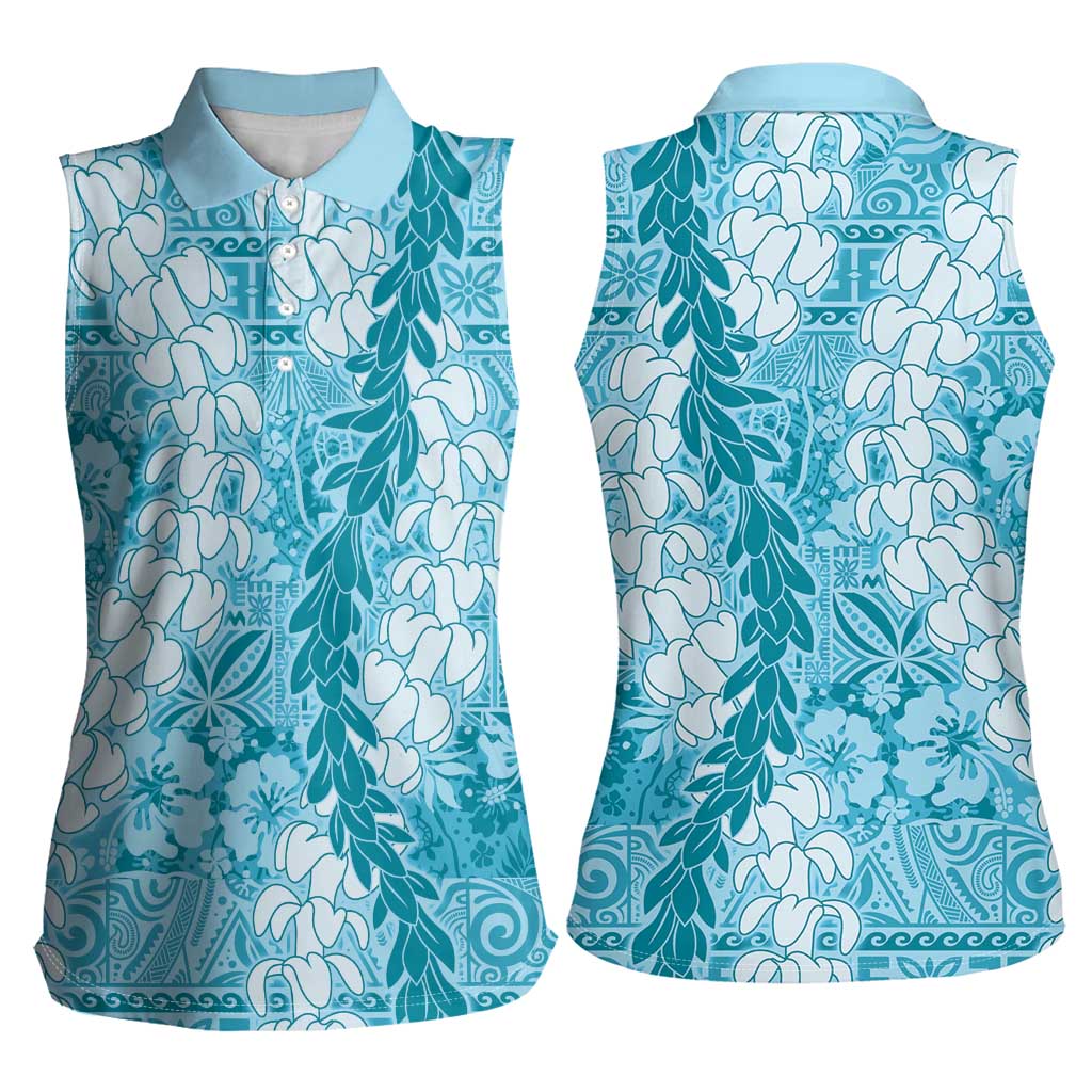 Blue Puakenikeni and Maile Lei Women Sleeveless Polo Shirt Hawaiian Style Tribal Tapa Double Strand Lei