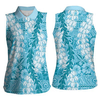 Blue Puakenikeni and Maile Lei Women Sleeveless Polo Shirt Hawaiian Style Tribal Tapa Double Strand Lei