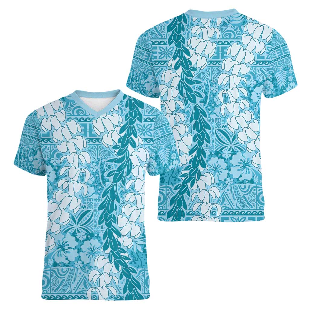 Blue Puakenikeni and Maile Lei Women V-Neck T-Shirt Hawaiian Style Tribal Tapa Double Strand Lei