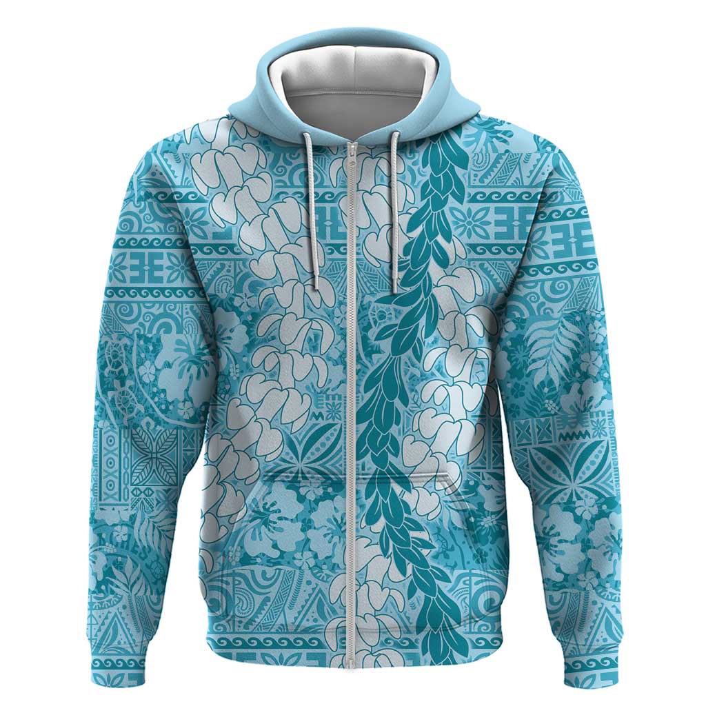Blue Puakenikeni and Maile Lei Zip Hoodie Hawaiian Style Tribal Tapa Double Strand Lei LT9 Zip Hoodie Blue - Polynesian Pride
