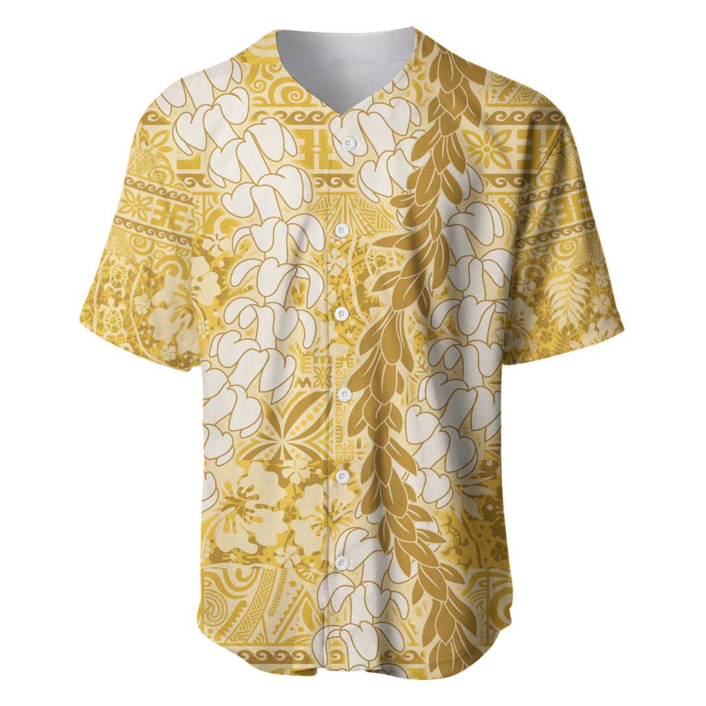 Gold Puakenikeni and Maile Lei Baseball Jersey Hawaiian Style Tribal Tapa Double Strand Lei