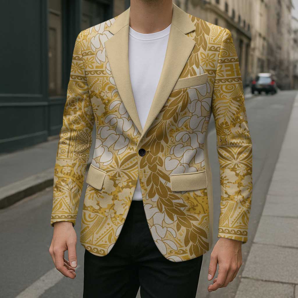 Gold Puakenikeni and Maile Lei Blazer Hawaiian Style Tribal Tapa Double Strand Lei - Polynesian Pride