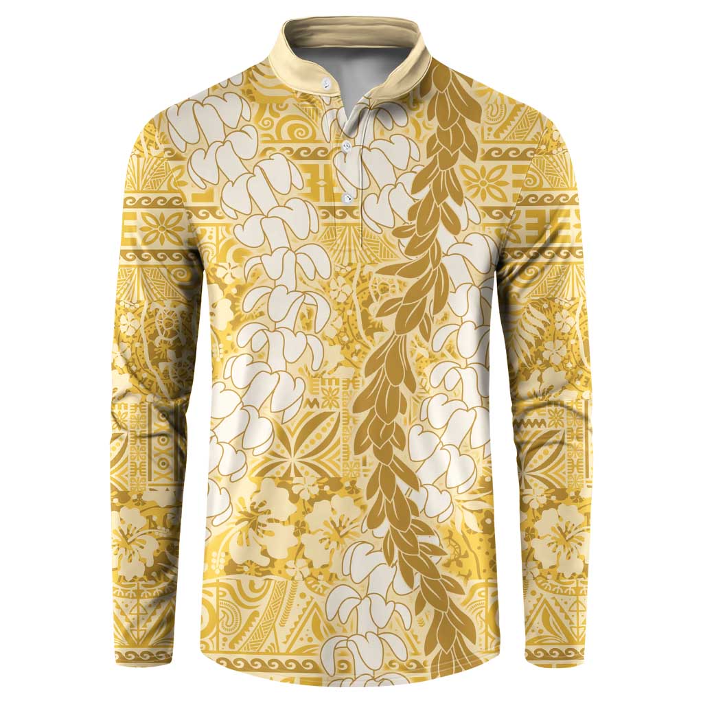 Gold Puakenikeni and Maile Lei Button Sweatshirt Hawaiian Style Tribal Tapa Double Strand Lei