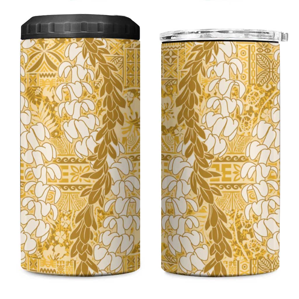 Gold Puakenikeni and Maile Lei 4 in 1 Can Cooler Tumbler Hawaiian Style Tribal Tapa Double Strand Lei