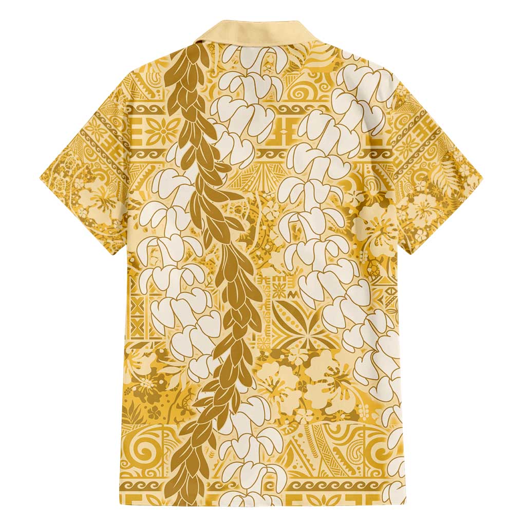 Gold Puakenikeni and Maile Lei Family Matching Long Sleeve Bodycon Dress and Hawaiian Shirt Hawaiian Style Tribal Tapa Double Strand Lei LT9 - Polynesian Pride