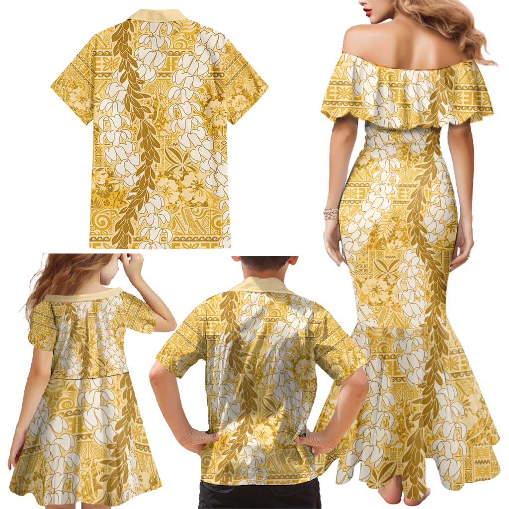 Gold Puakenikeni and Maile Lei Family Matching Mermaid Dress and Hawaiian Shirt Hawaiian Style Tribal Tapa Double Strand Lei