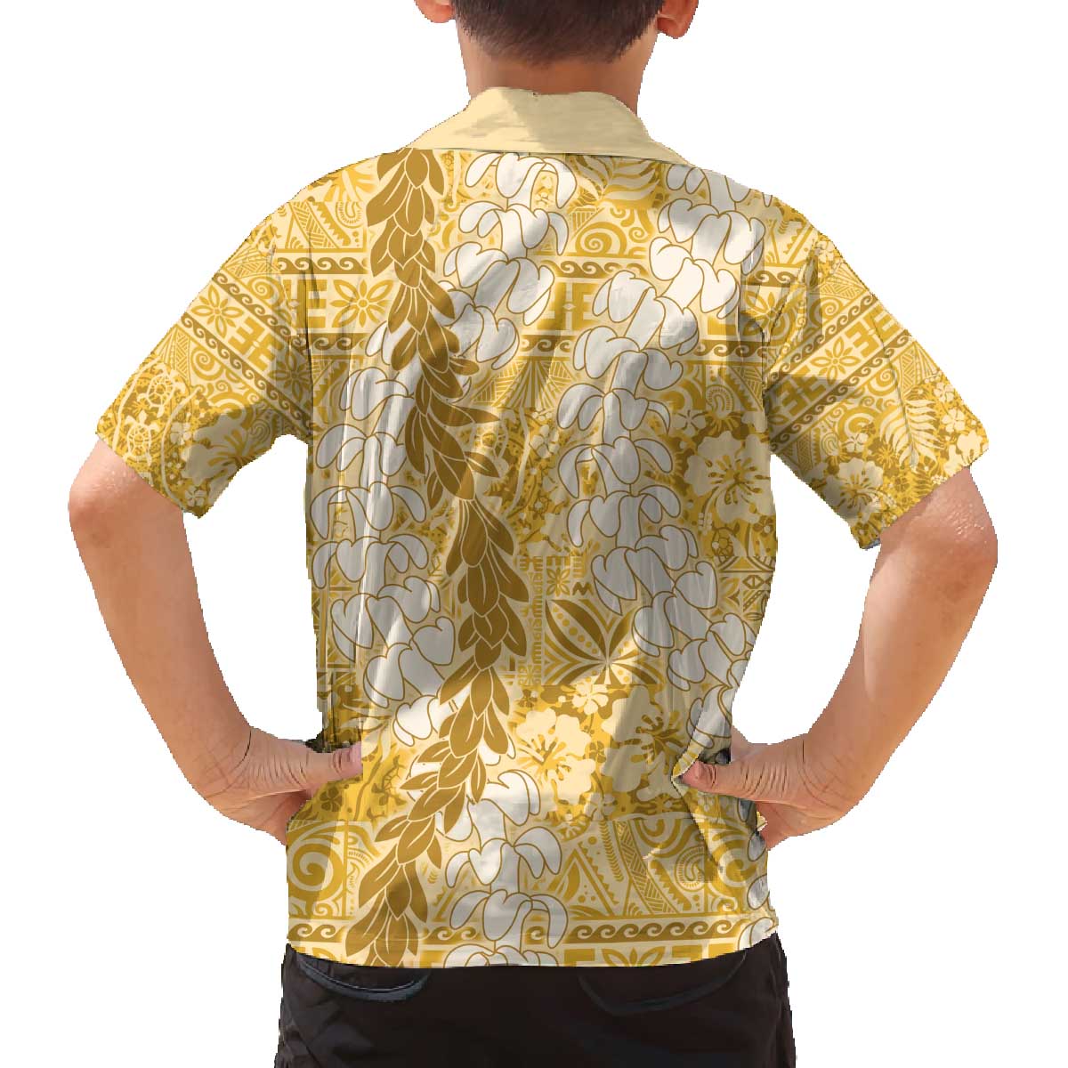 Gold Puakenikeni and Maile Lei Family Matching Off The Shoulder Long Sleeve Dress and Hawaiian Shirt Hawaiian Style Tribal Tapa Double Strand Lei LT9 - Polynesian Pride