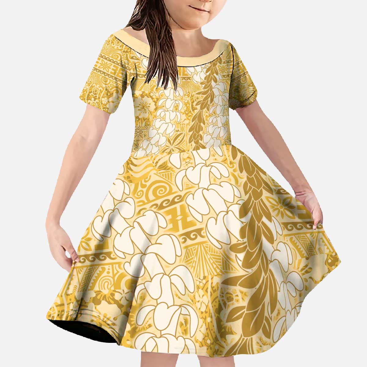 Gold Puakenikeni and Maile Lei Family Matching Off The Shoulder Long Sleeve Dress and Hawaiian Shirt Hawaiian Style Tribal Tapa Double Strand Lei LT9 Daughter's Dress Gold - Polynesian Pride