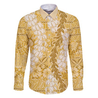 Gold Puakenikeni and Maile Lei Family Matching Off The Shoulder Long Sleeve Dress and Hawaiian Shirt Hawaiian Style Tribal Tapa Double Strand Lei LT9 Dad's Shirt - Long Sleeve Gold - Polynesian Pride