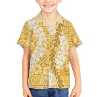 Gold Puakenikeni and Maile Lei Family Matching Off Shoulder Short Dress and Hawaiian Shirt Hawaiian Style Tribal Tapa Double Strand Lei