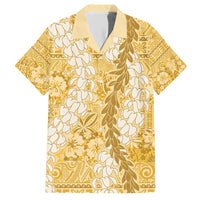 Gold Puakenikeni and Maile Lei Family Matching Short Sleeve Bodycon Dress and Hawaiian Shirt Hawaiian Style Tribal Tapa Double Strand Lei LT9 Dad's Shirt - Short Sleeve Gold - Polynesian Pride