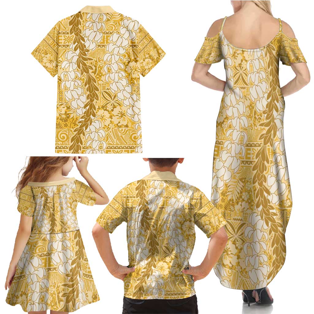 Gold Puakenikeni and Maile Lei Family Matching Summer Maxi Dress and Hawaiian Shirt Hawaiian Style Tribal Tapa Double Strand Lei