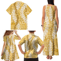 Gold Puakenikeni and Maile Lei Family Matching Tank Maxi Dress and Hawaiian Shirt Hawaiian Style Tribal Tapa Double Strand Lei