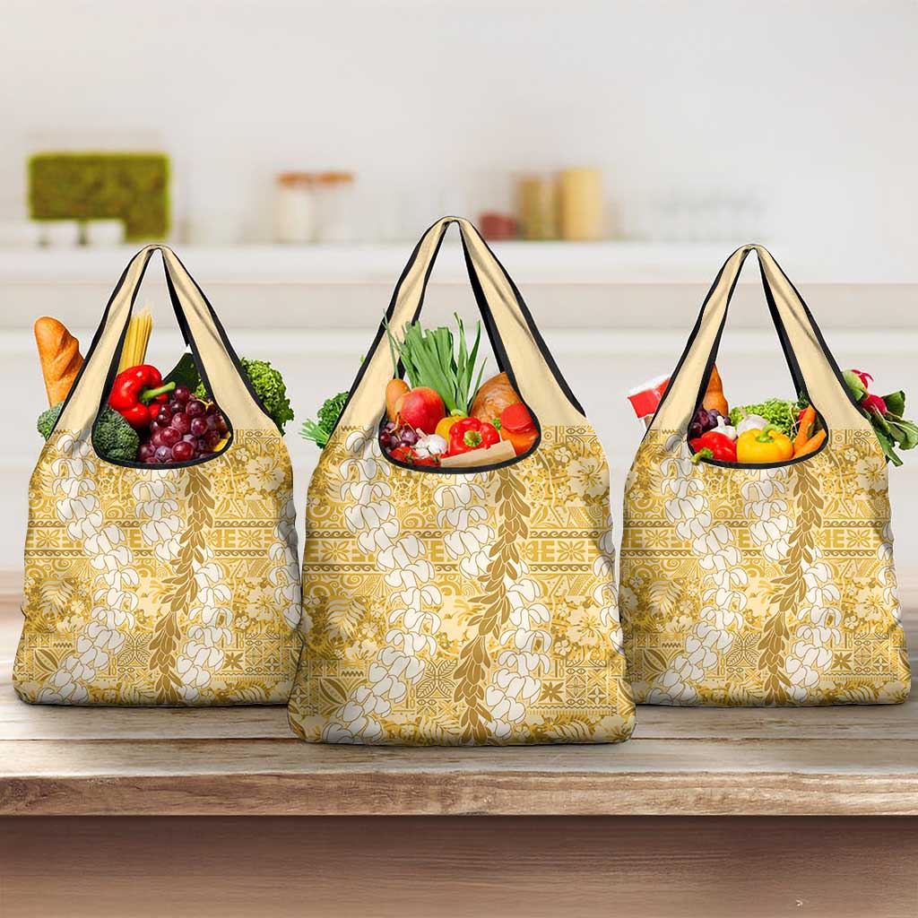 Gold Puakenikeni and Maile Lei Grocery Bag Hawaiian Style Tribal Tapa Double Strand Lei