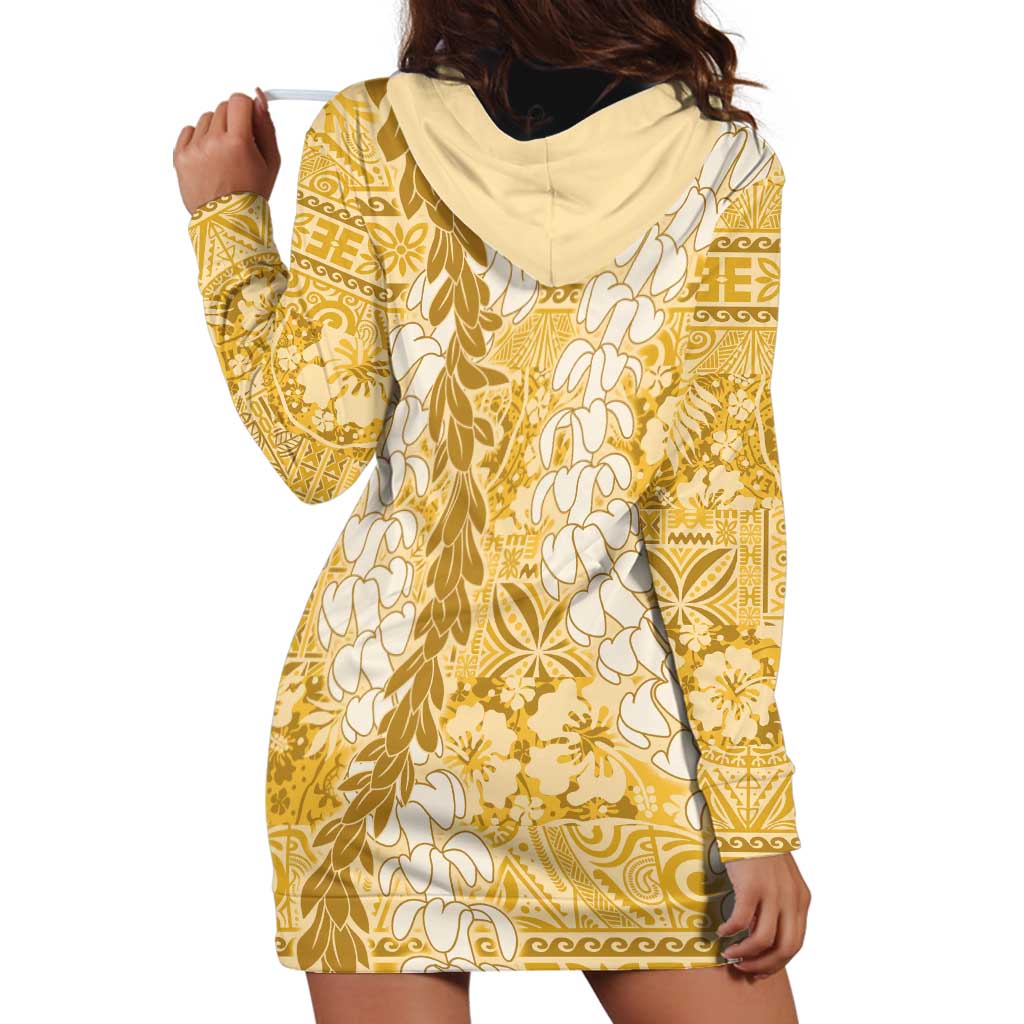 Gold Puakenikeni and Maile Lei Hoodie Dress Hawaiian Style Tribal Tapa Double Strand Lei