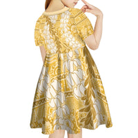 Gold Puakenikeni and Maile Lei Kid Short Sleeve Dress Hawaiian Style Tribal Tapa Double Strand Lei