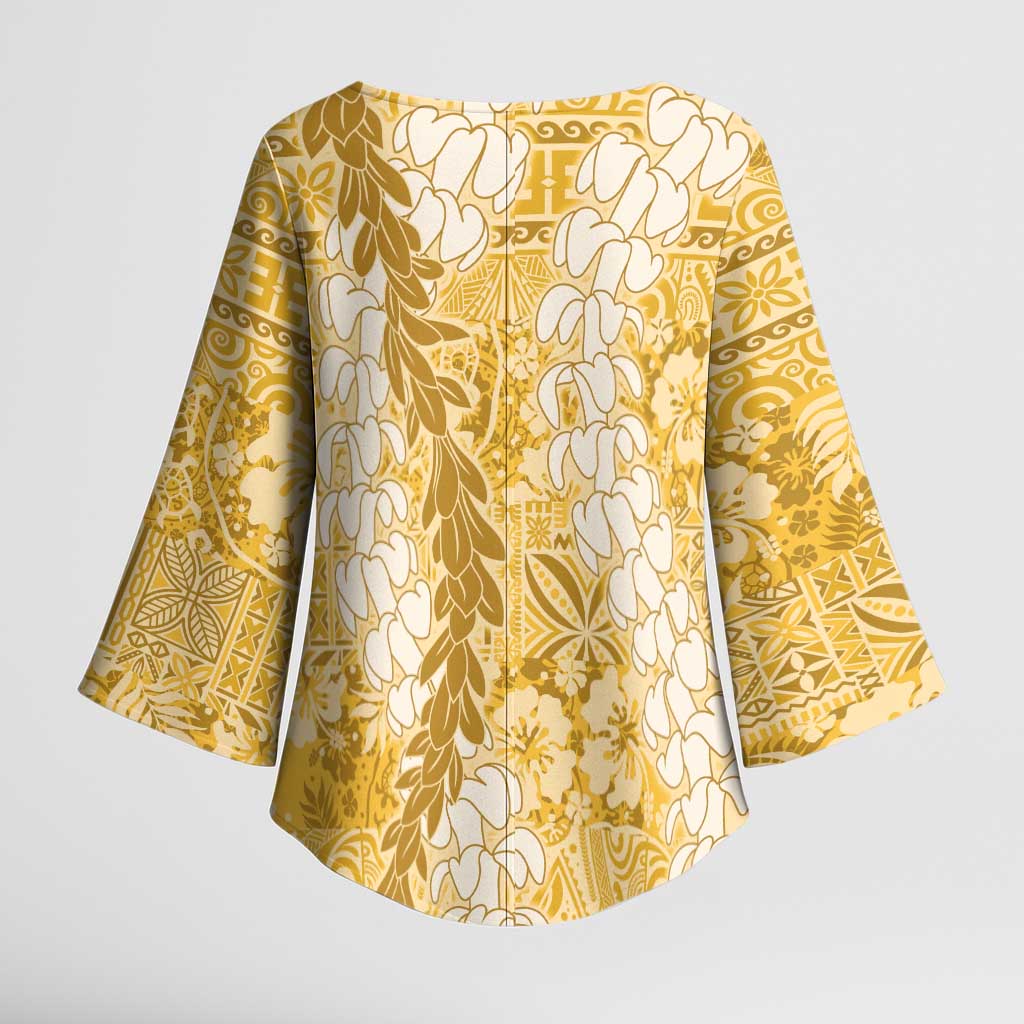 Gold Puakenikeni and Maile Lei Kimono Sleeve Blouse Hawaiian Style Tribal Tapa Double Strand Lei - Polynesian Pride