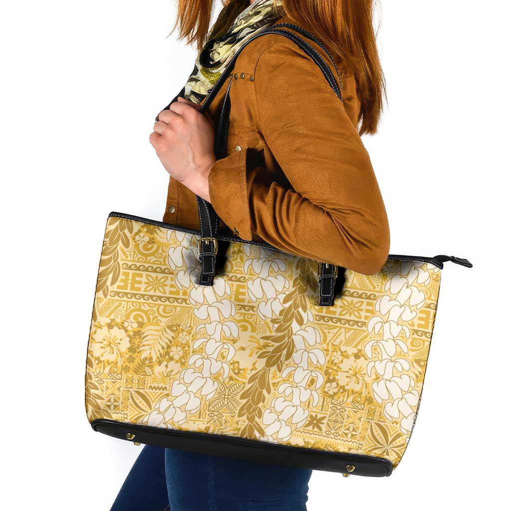 Gold Puakenikeni and Maile Lei Leather Tote Bag Hawaiian Style Tribal Tapa Double Strand Lei