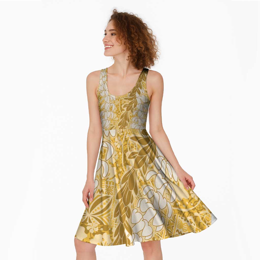 Gold Puakenikeni and Maile Lei Midi Dress Hawaiian Style Tribal Tapa Double Strand Lei - Polynesian Pride