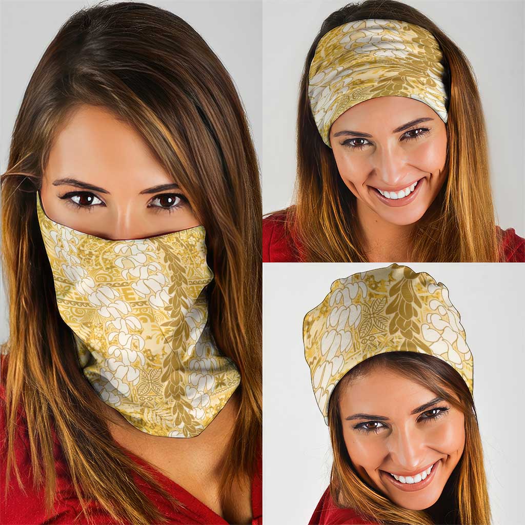 Gold Puakenikeni and Maile Lei Neck Gaiter Hawaiian Style Tribal Tapa Double Strand Lei - Polynesian Pride