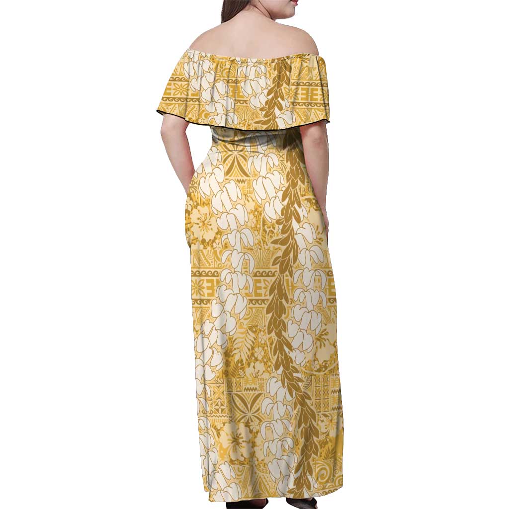 Gold Puakenikeni and Maile Lei Off Shoulder Maxi Dress Hawaiian Style Tribal Tapa Double Strand Lei