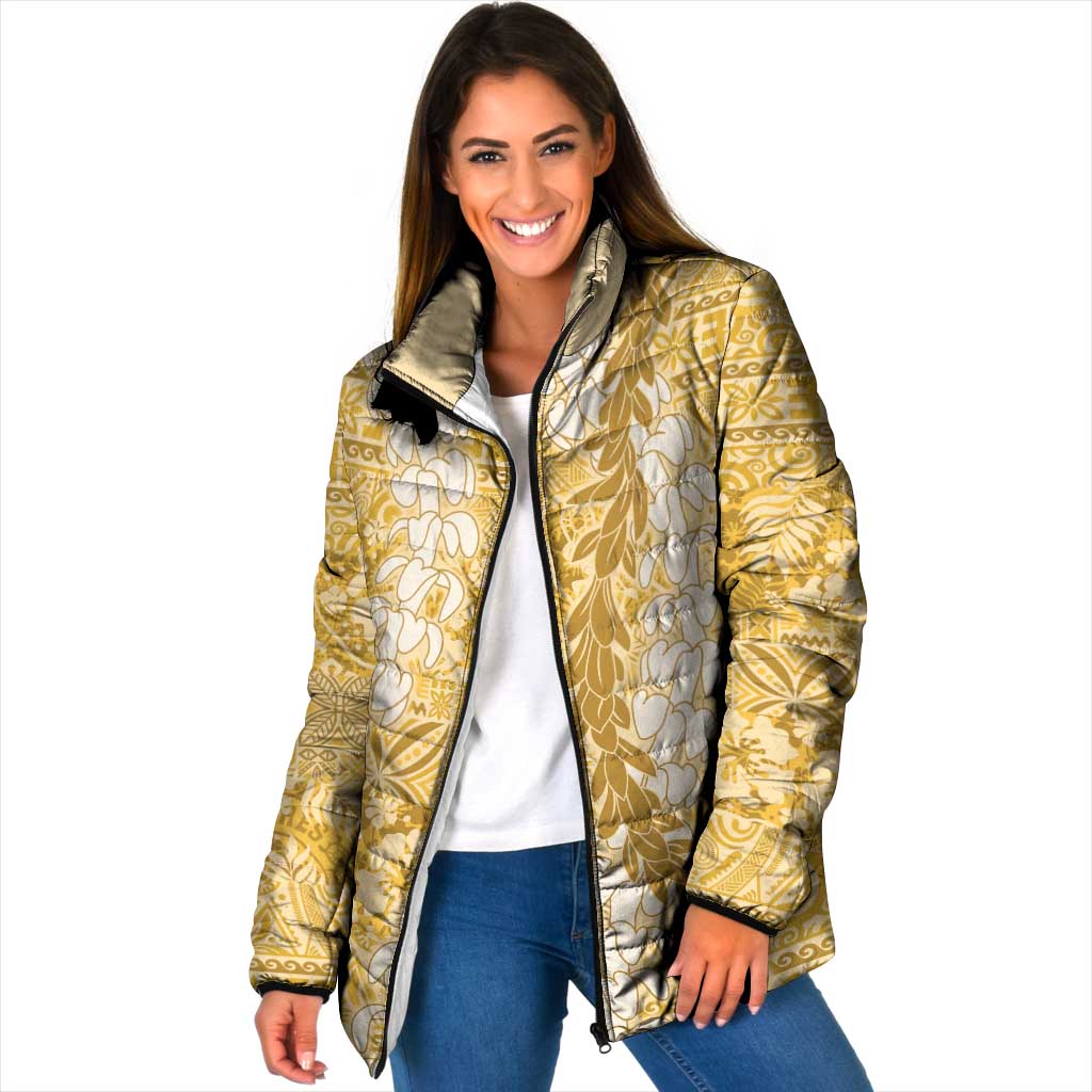 Gold Puakenikeni and Maile Lei Padded Jacket Hawaiian Style Tribal Tapa Double Strand Lei - Polynesian Pride