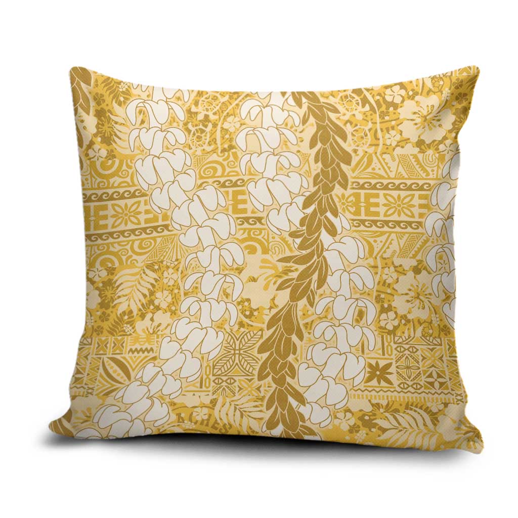 Gold Puakenikeni and Maile Lei Pillow Cover Hawaiian Style Tribal Tapa Double Strand Lei - Polynesian Pride