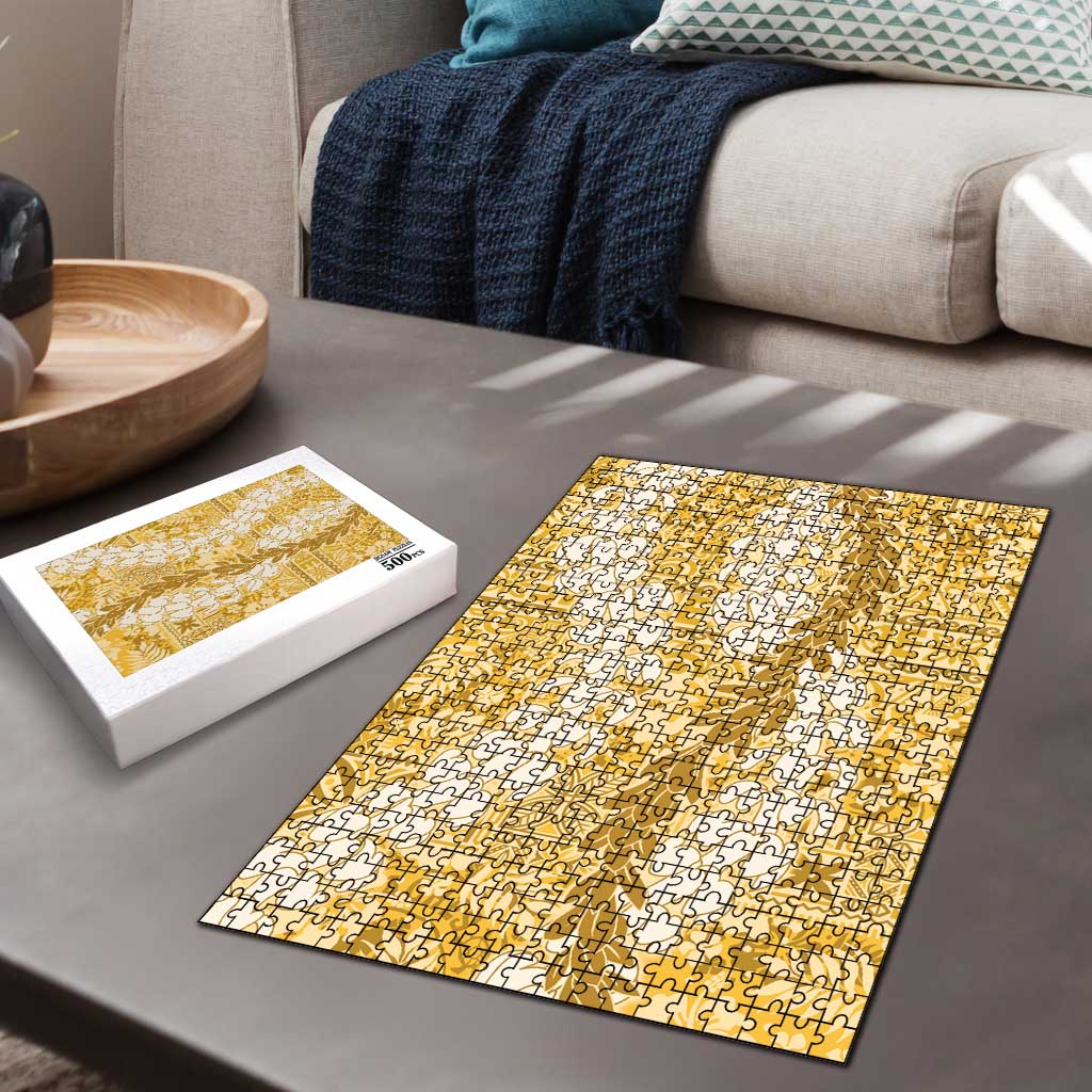 Gold Puakenikeni and Maile Lei Puzzle Hawaiian Style Tribal Tapa Double Strand Lei - Polynesian Pride
