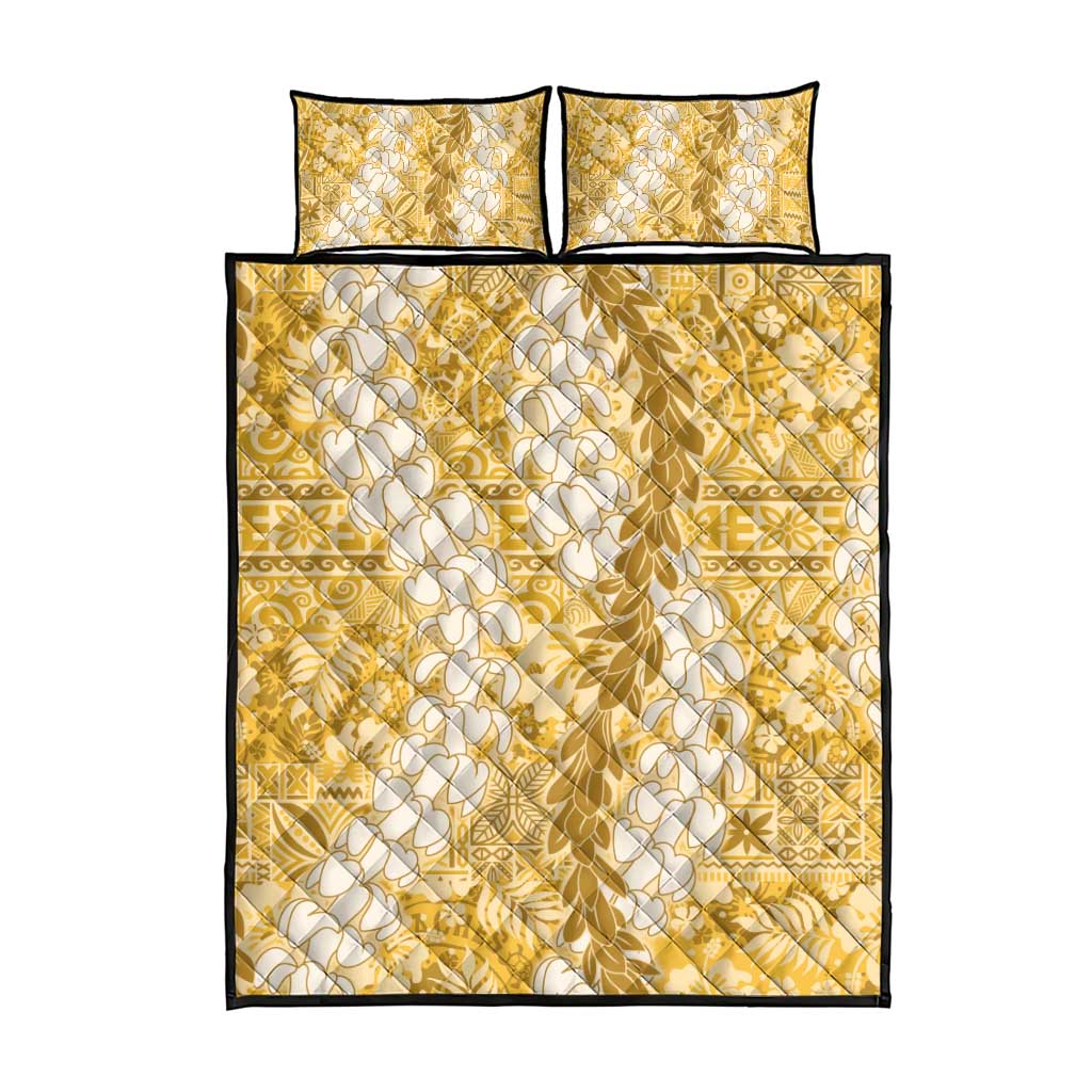 Gold Puakenikeni and Maile Lei Quilt Bed Set Hawaiian Style Tribal Tapa Double Strand Lei
