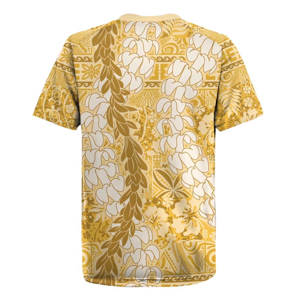 Gold Puakenikeni and Maile Lei Rugby Jersey Hawaiian Style Tribal Tapa Double Strand Lei