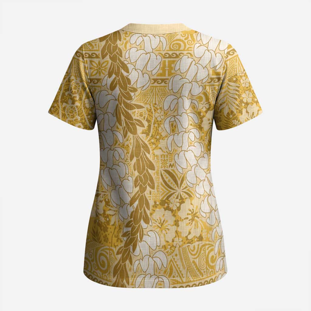 Gold Puakenikeni and Maile Lei Scrub Top Hawaiian Style Tribal Tapa Double Strand Lei - Polynesian Pride