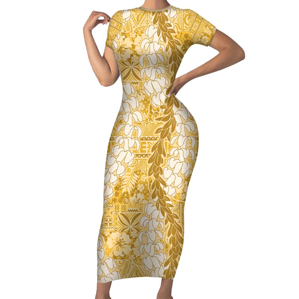 Gold Puakenikeni and Maile Lei Short Sleeve Bodycon Dress Hawaiian Style Tribal Tapa Double Strand Lei
