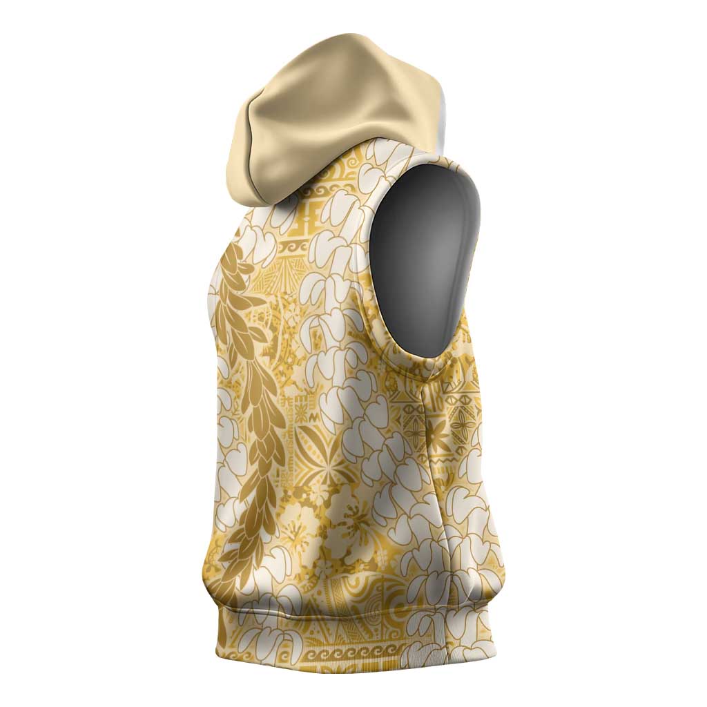Gold Puakenikeni and Maile Lei Sleeveless Hoodie Hawaiian Style Tribal Tapa Double Strand Lei - Polynesian Pride