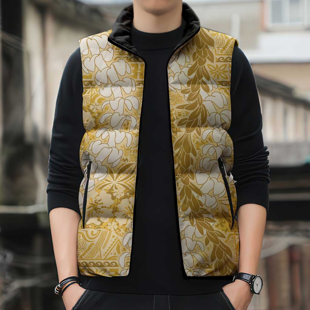 Gold Puakenikeni and Maile Lei Sleeveless Puffer Jacket Hawaiian Style Tribal Tapa Double Strand Lei - Polynesian Pride