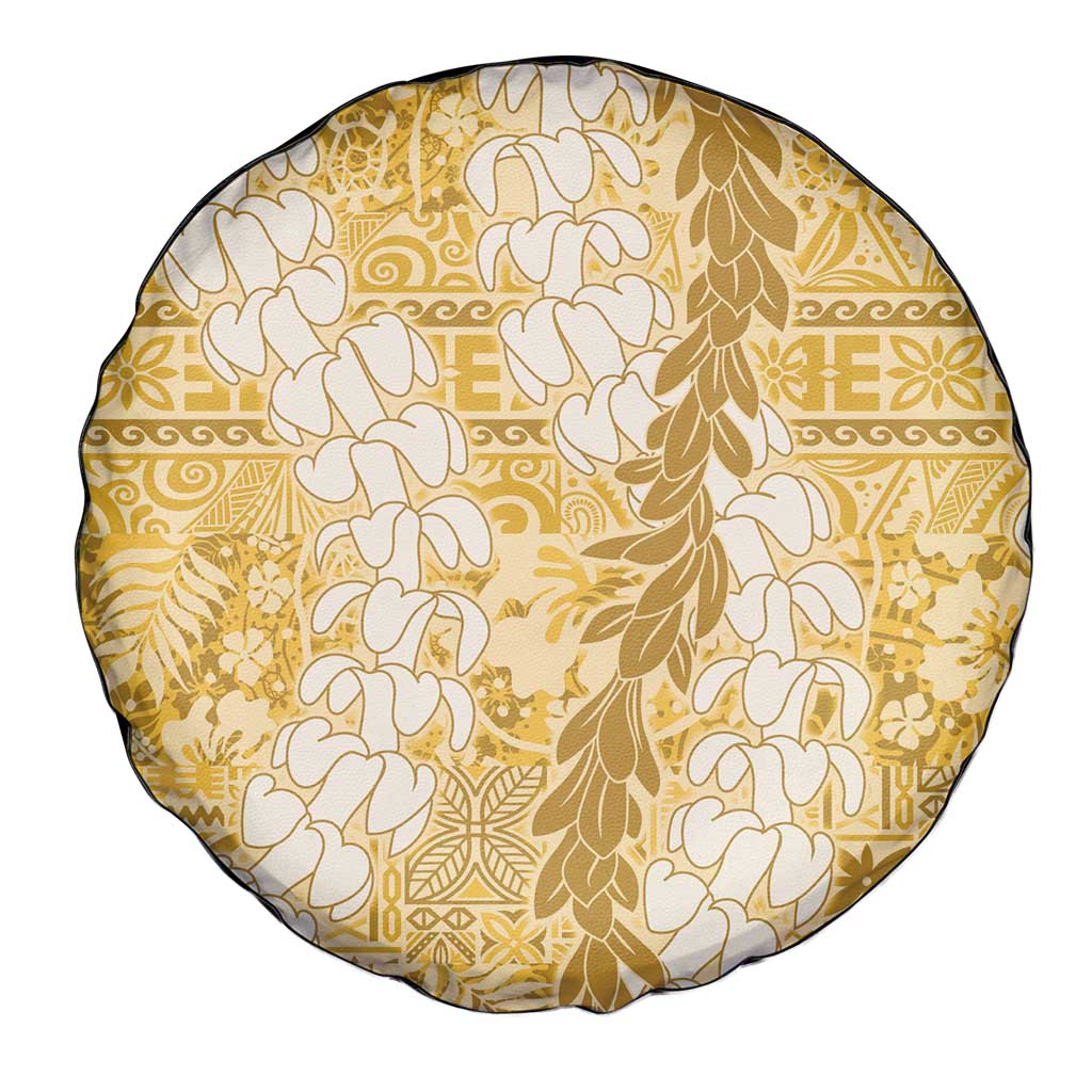 Gold Puakenikeni and Maile Lei Spare Tire Cover Hawaiian Style Tribal Tapa Double Strand Lei