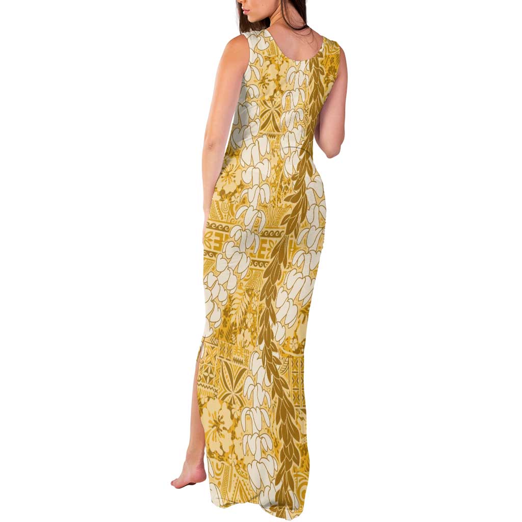 Gold Puakenikeni and Maile Lei Tank Maxi Dress Hawaiian Style Tribal Tapa Double Strand Lei