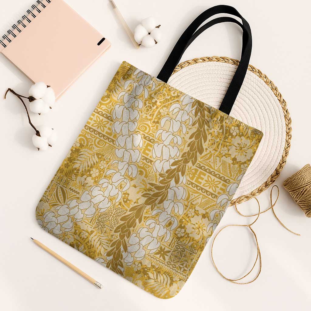 Gold Puakenikeni and Maile Lei Tote Bag Hawaiian Style Tribal Tapa Double Strand Lei - Polynesian Pride