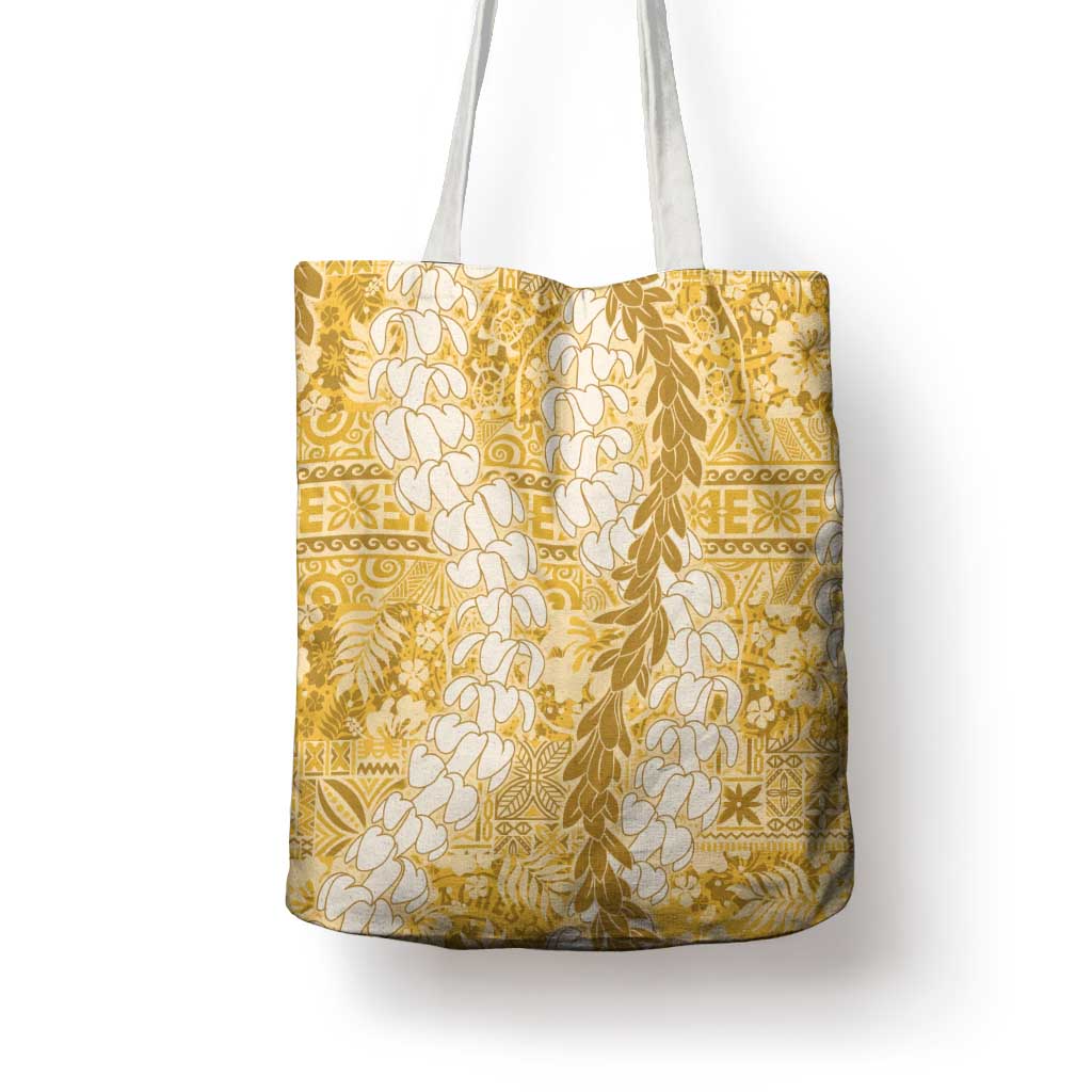 Gold Puakenikeni and Maile Lei Tote Bag Hawaiian Style Tribal Tapa Double Strand Lei - Polynesian Pride