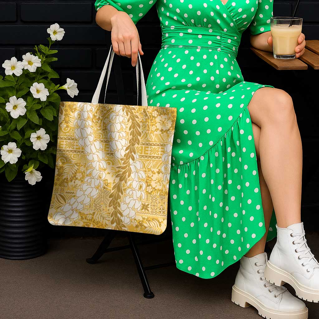 Gold Puakenikeni and Maile Lei Tote Bag Hawaiian Style Tribal Tapa Double Strand Lei - Polynesian Pride