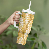 Gold Puakenikeni and Maile Lei Tumbler With Handle Hawaiian Style Tribal Tapa Double Strand Lei