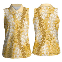 Gold Puakenikeni and Maile Lei Women Sleeveless Polo Shirt Hawaiian Style Tribal Tapa Double Strand Lei