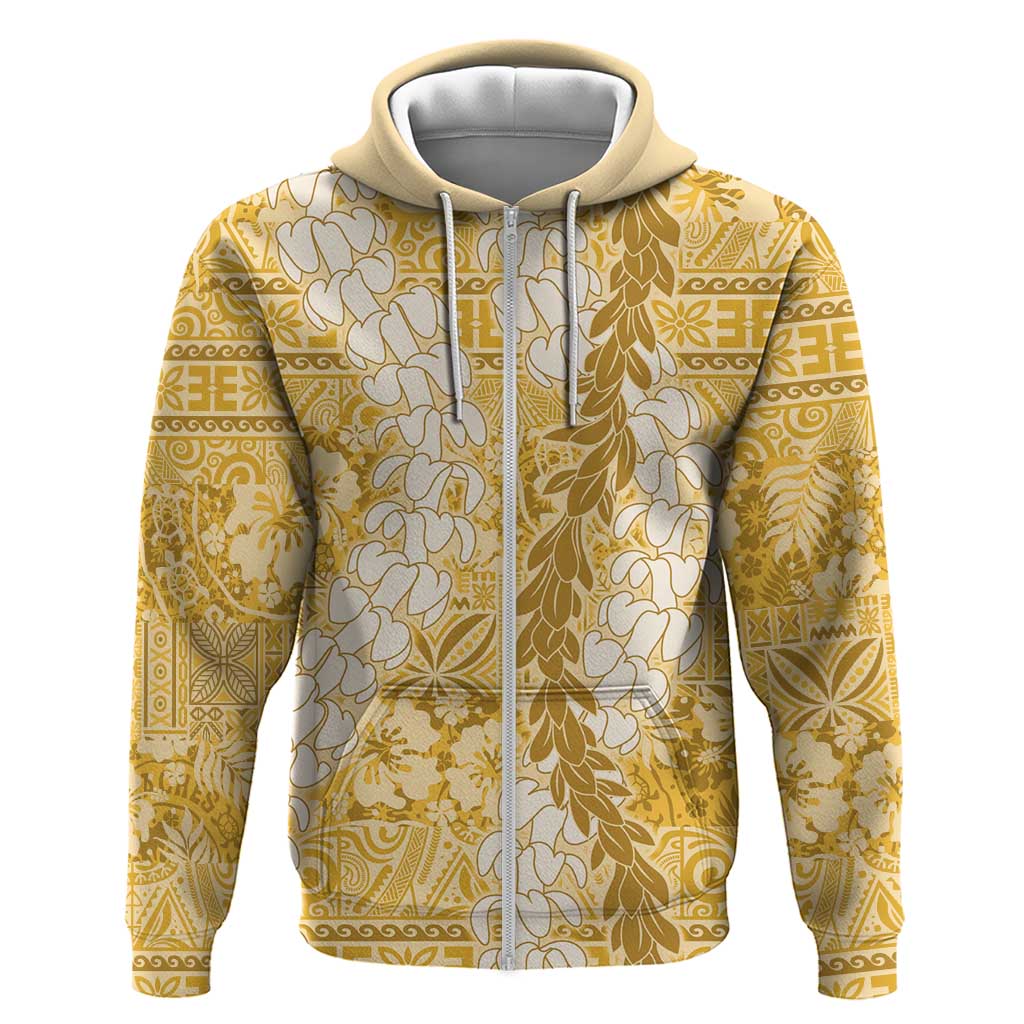 Gold Puakenikeni and Maile Lei Zip Hoodie Hawaiian Style Tribal Tapa Double Strand Lei LT9 Zip Hoodie Gold - Polynesian Pride