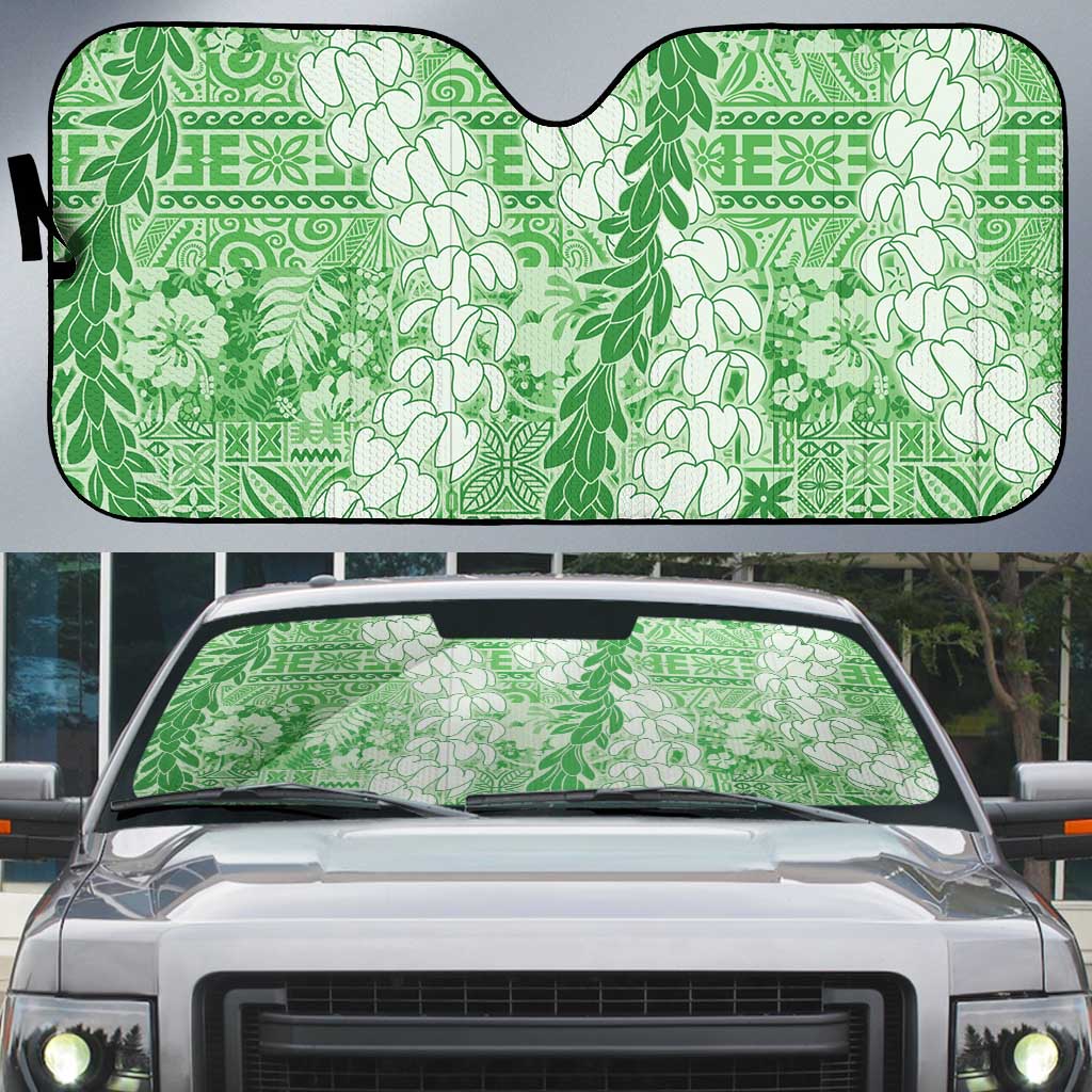 Green Puakenikeni and Maile Lei Auto Sun Shade Hawaiian Style Tribal Tapa Double Strand Lei - Polynesian Pride