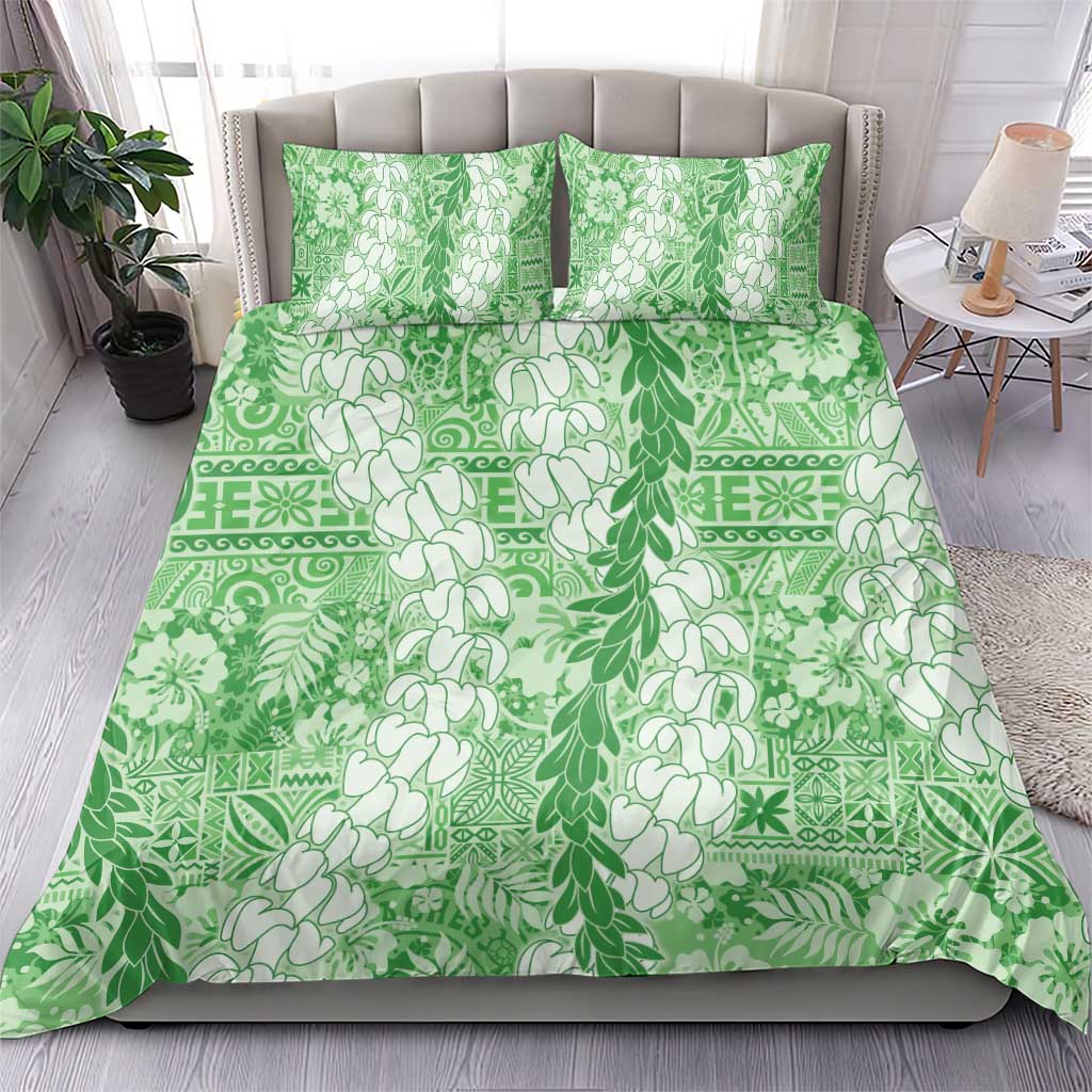 Green Puakenikeni and Maile Lei Bedding Set Hawaiian Style Tribal Tapa Double Strand Lei